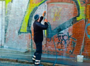 worker using pressure washing for graffiti removal